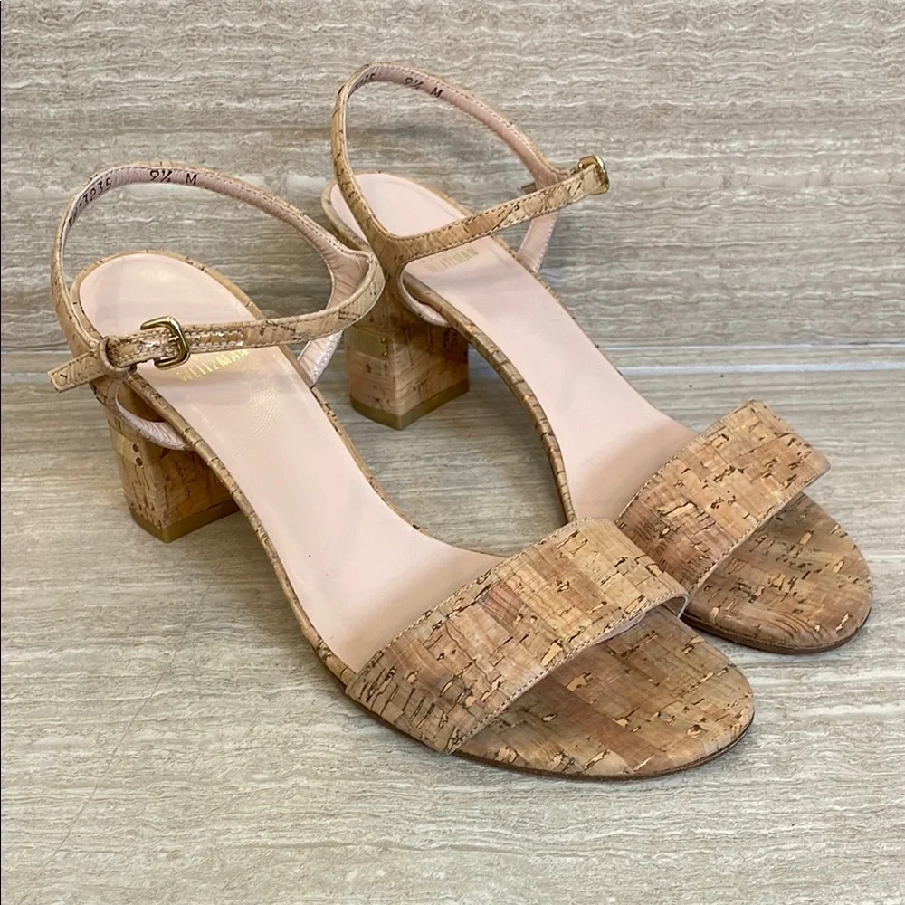 STUART WEITZMAN UGC Women’s Size 9.5 Tan Cork Block Heel Sandals Buckle - Picture 13 of 17